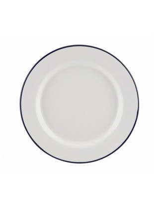 Zománcozott lapos tányér 24cm fehér kék peremmel