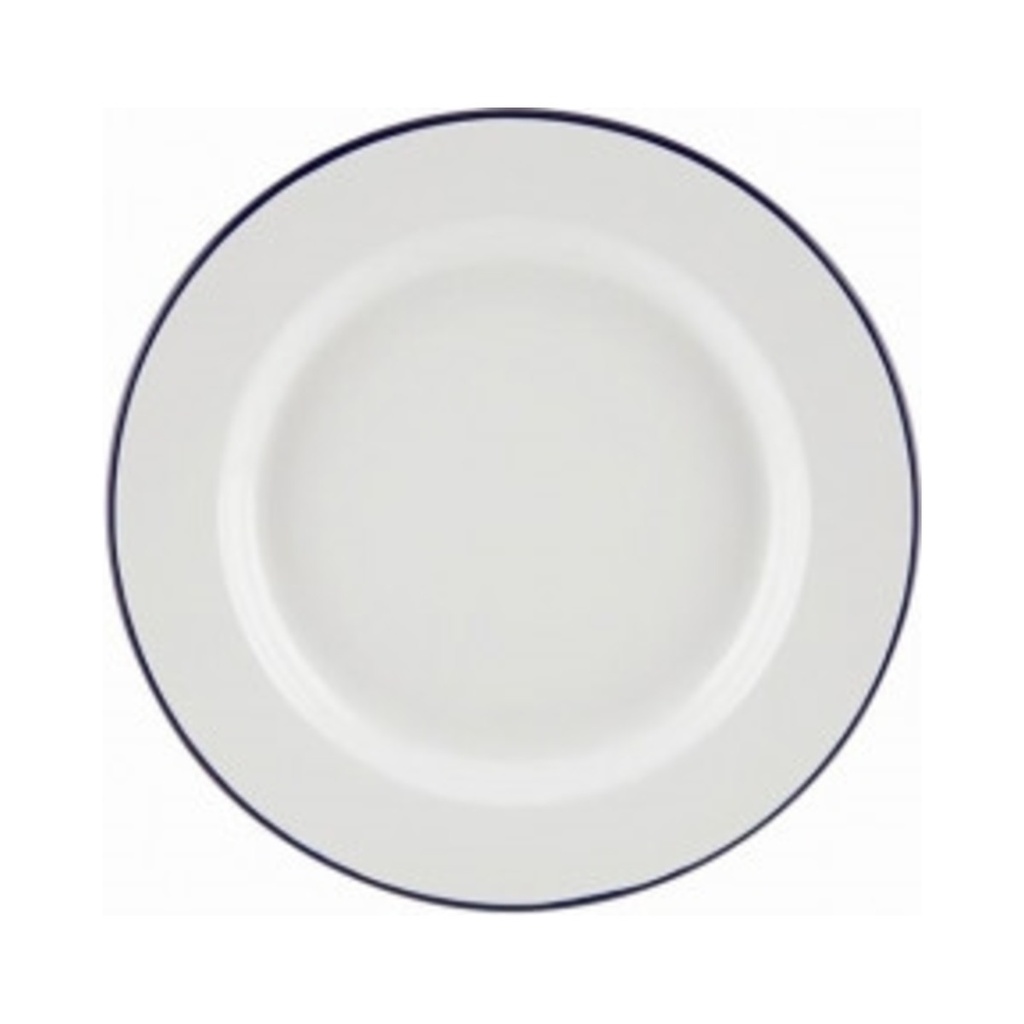 [45026] Zománcozott lapos tányér 26cm fehér kék peremmel 6db/krt
