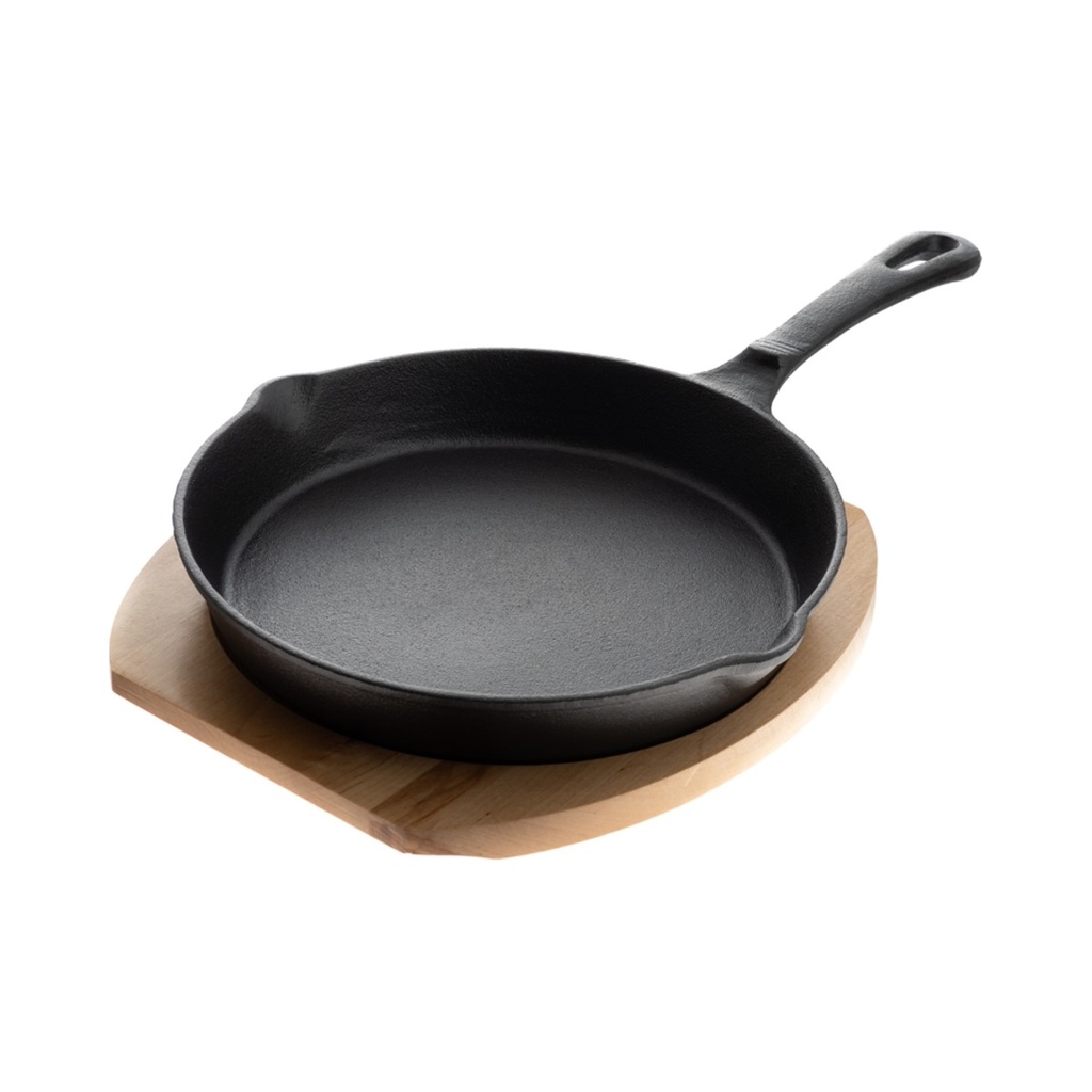 [80111260] Öntöttvas serpenyő 25,5cm fa alátéttel