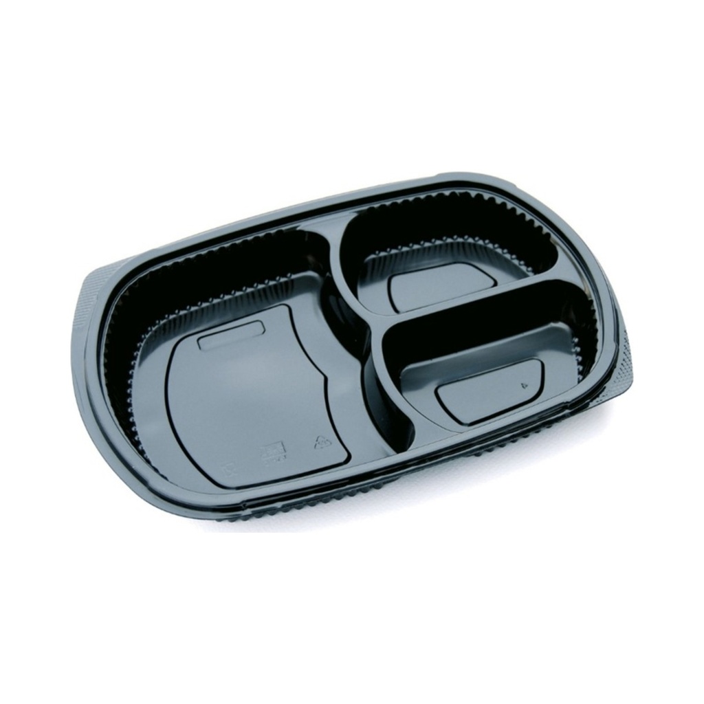 Műanyag ovális alj fekete 3 részes 800ml 255X185X35mm (PP) 50db/cs 250db/krt
