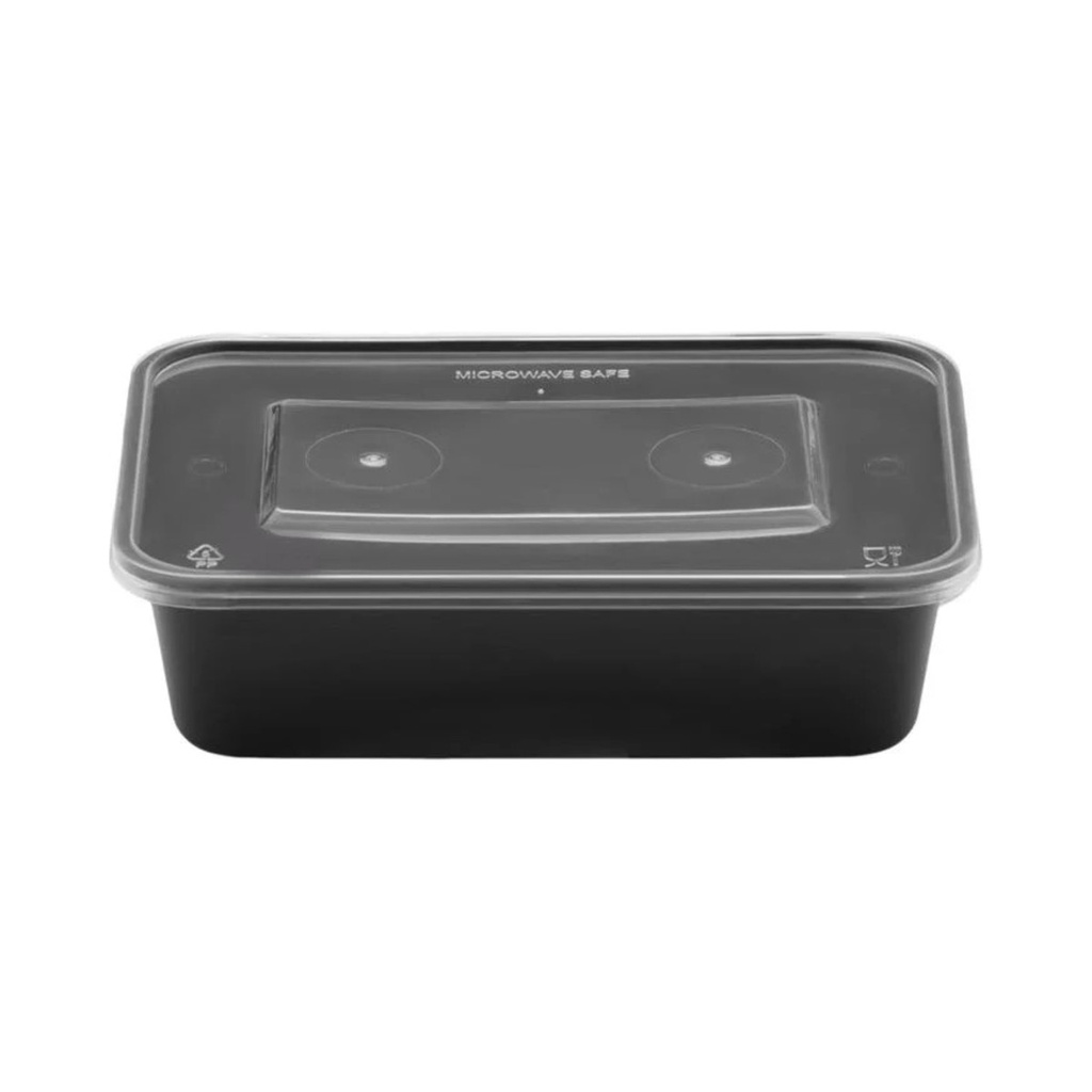 Műanyag szögletes alj 750ml + tető FEKETE 17,6X12,4X6cm PP 50db/cs. 300db/krt