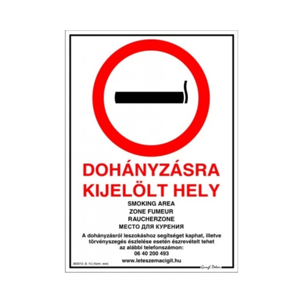 [DT1] Dekortábla Többnyelvű A/4 Dohányzásra kijelölt hely